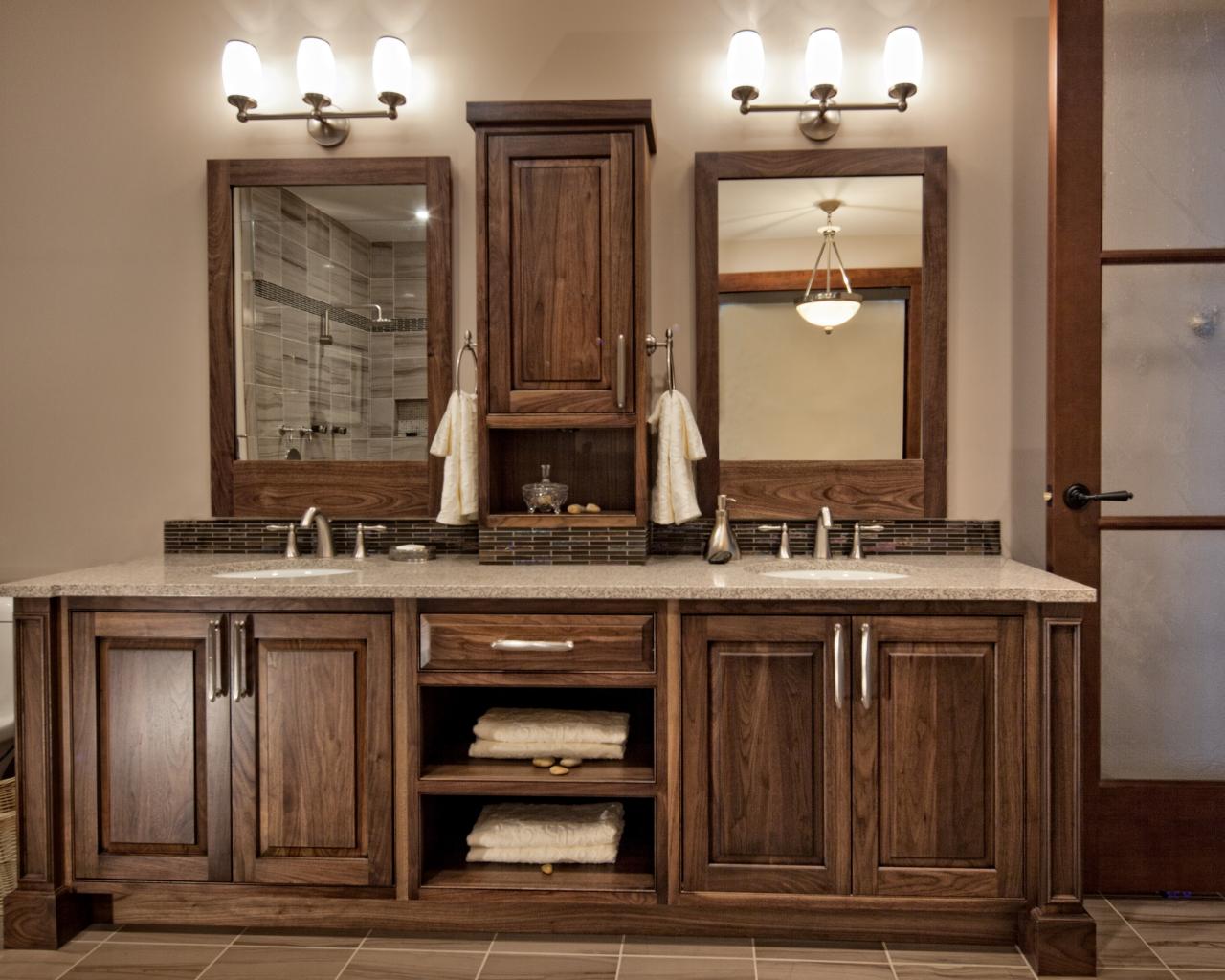 Traditional Double Vanity Bathroom  With Dark  Wood  Details 