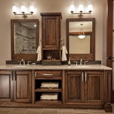 Traditional Double Vanity Bathroom With Dark Wood Details