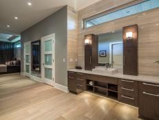 Neutral Open Concept Bathroom With Brown Vanity, Vessel Sink