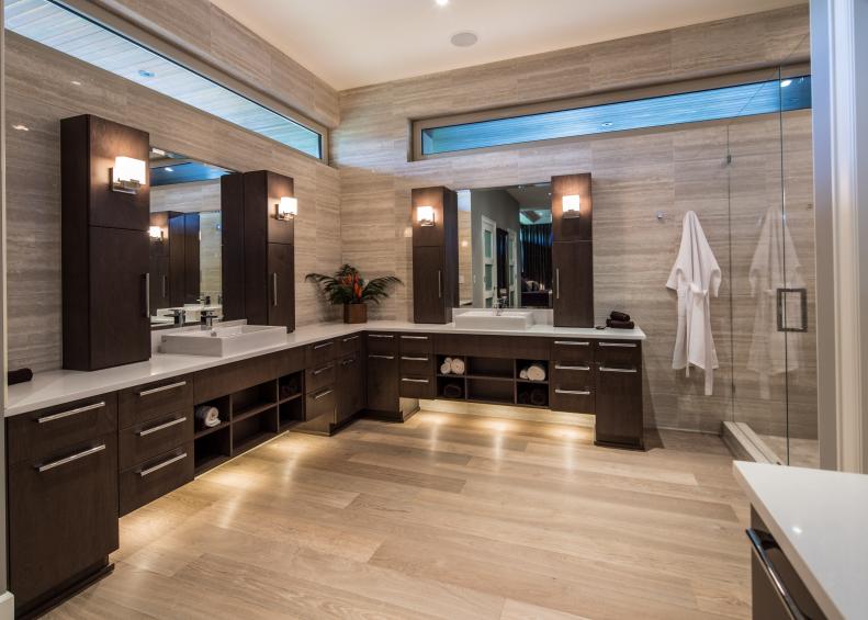 Neutral Contemporary Double Vanity Bathroom With Under-Vanity Lighting