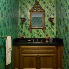 Vibrant Graphic Green Wallpaper in Traditional Powder Room 