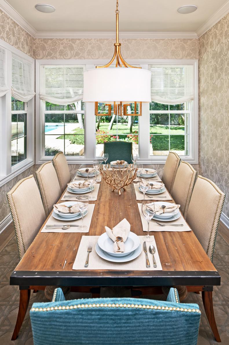 Neutral Contemporary Country Dining Space With Gold Pendant Light