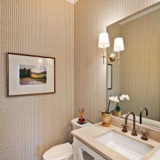 Neutral Contemporary Country Powder Room With Graphic Wallpaper