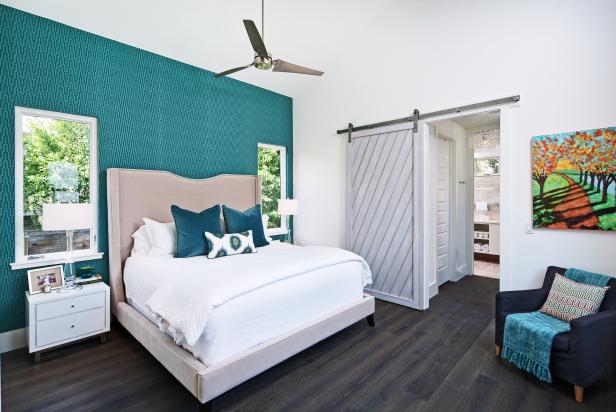 Contemporary Teal White Bedroom With Barn Door Hgtv