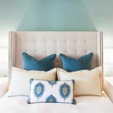 Transitional Blue Bedroom With Upholstered Headboard