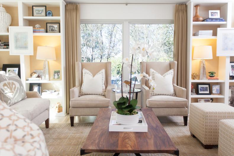 Beige Living Room With Built-In Bookshelves & Neutral Furniture 