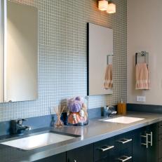 Contemporary Double-Vanity Bathroom With Green Tiled Backsplash