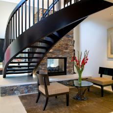 Contemporary Living Room With Dramatic Spiral Staircase