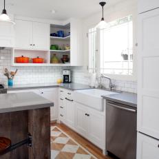 Transitional White Kitchen With Reclaimed Wood Island