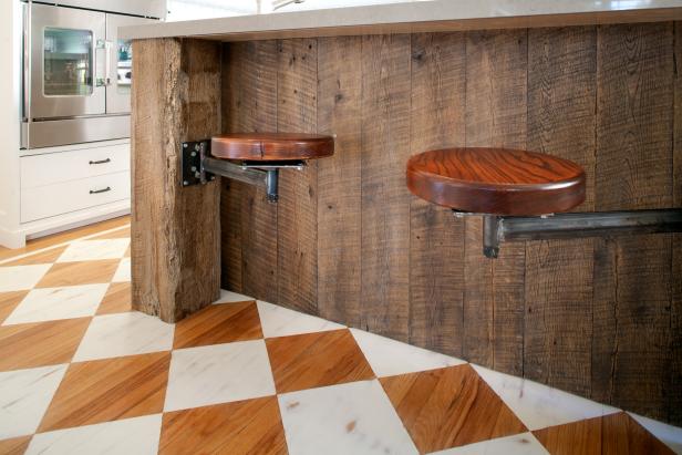 Reclaimed Wood Kitchen Island With, Swing Out Bar Stools