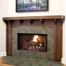 Remodeled Master Bedroom Fireplace With Green Tiles