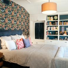 Master Bedroom With Charcoal and Pink Floral Wallpaper