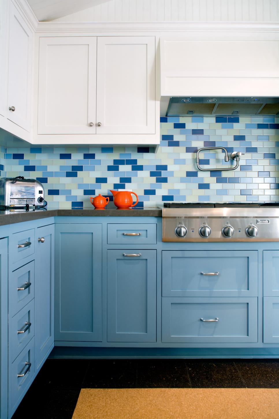 Chic Blue Kitchen With Subway Tile Backsplash and Cork Floor HGTV