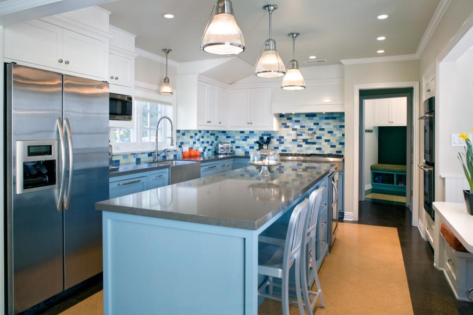 Contemporary Blue Kitchen With White Cabinets & Gray Countertops