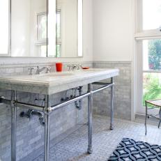 Open Double Vanity in Gray and White Bathroom