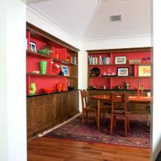Midcentury Modern Dining Room With Built-In Bookshelves