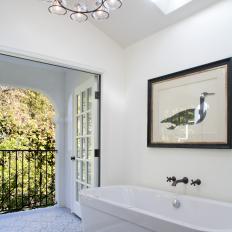 White Modern Master Bathroom With Skylight and Balcony 