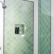 White Tile Shower With Green Accent Panels