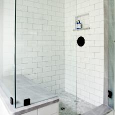 White Tile Walk-In Shower With Glass Walls and Sitting Bench 