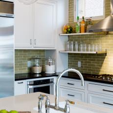 Transitional White Kitchen With Neutral Subway Tile Wall 