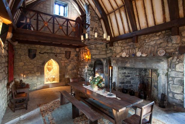 Banquet Hall With Stone Walls and Wooden Arches