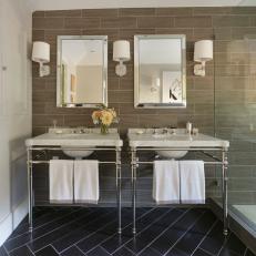 Twin Vanities and Mirrors in Transitional Bathroom