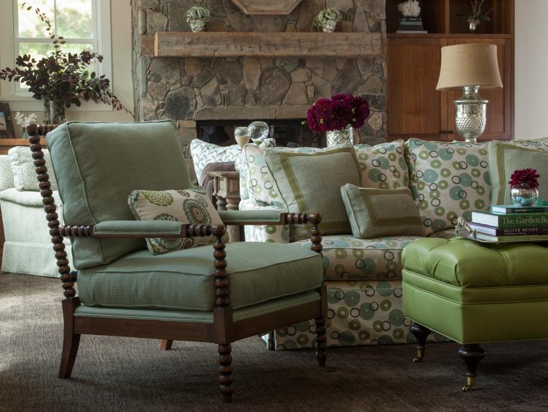 Traditional Living Room With Green Chair, Polka Dot Sofa