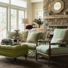 Varying Shades of Green in Transitional Living Room