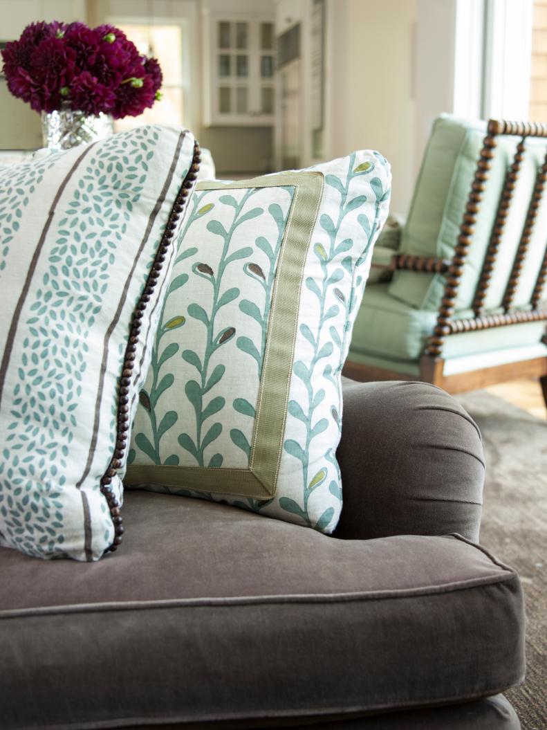 Throw Pillows With White and Teal Design, Beaded Piping