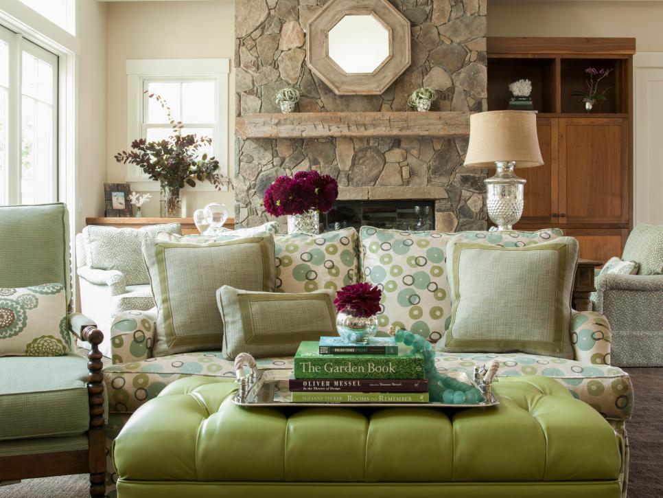 Sofa with Circular Pattern in Shades of Green With Tufted Ottoman