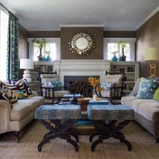 Chic Transitional Living Room With Blue & Green Accessories
