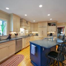 Open Plan Kitchen With Bold, Blue Island