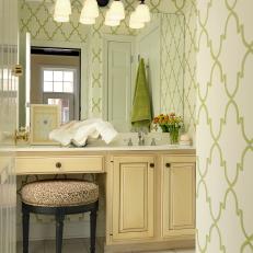 Transitional Bathroom With Green & White Patterned Walls