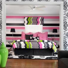 Black, White and Pink Teen Girl's Bedroom With Stripes