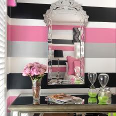 Black, White and Pink Teen Girl's Bedroom With Art Deco Mirror