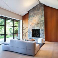 Contemporary Living Room With Gray Stone Fireplace