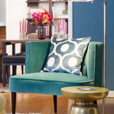 Turquoise Blue Armchair Featured in Transitional Family Room