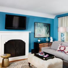 Transitional Blue Family Room Is Comfortable, Stylish