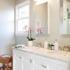 Transitional Bathroom Features Crisp White Vanity