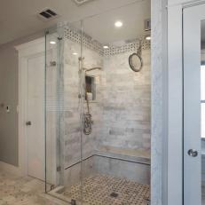 Walk-In Shower With Marble Backsplash