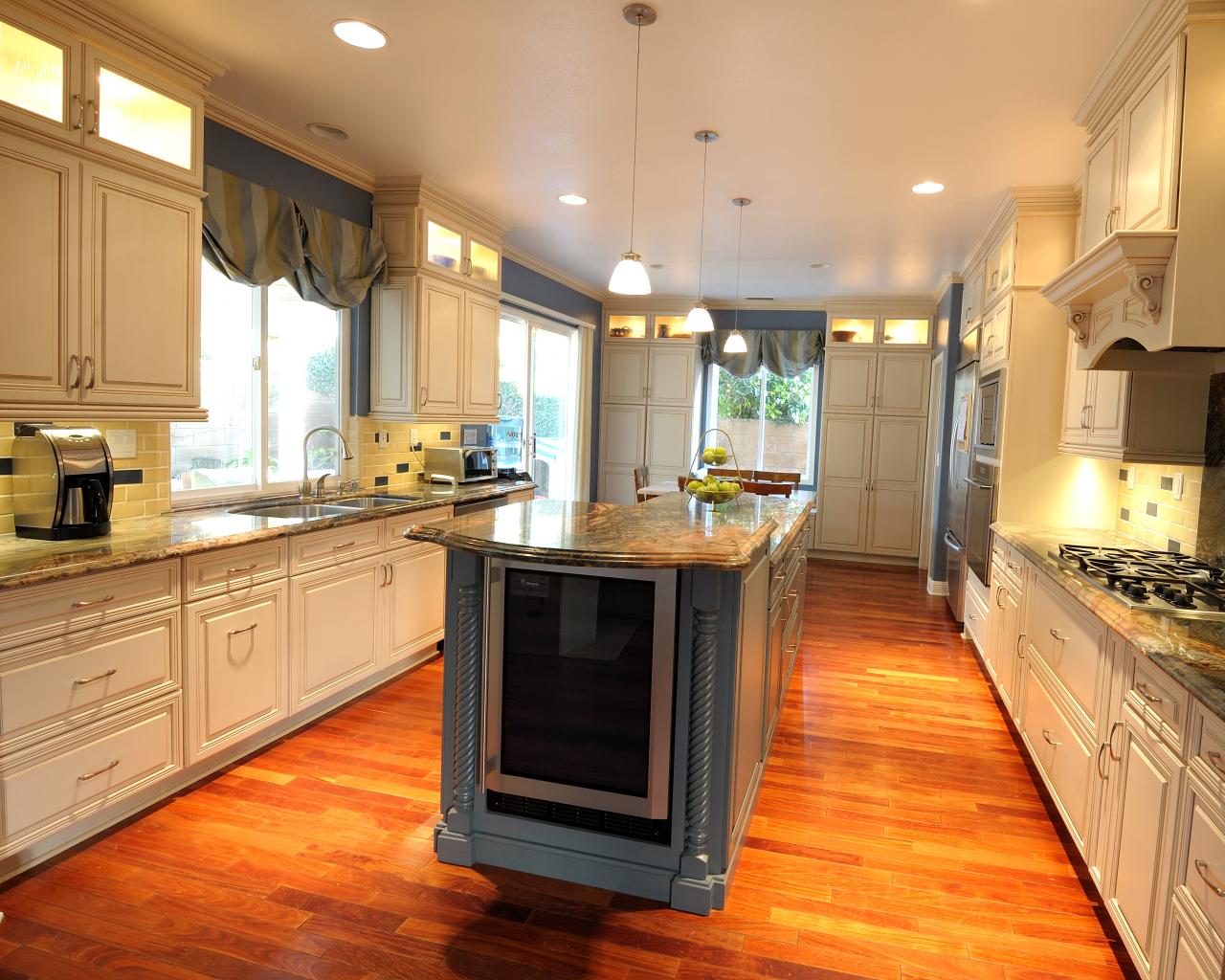 Chic Transitional Kitchen With Built-In Wine Refrigerator ...