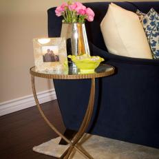 Metallic End Table With Green Bowl
