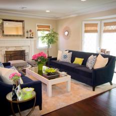 Neutral Transitional Living Room With Twin Blue Sofas