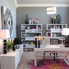 Sophisticated Gray Home Office Features Pops of Pink