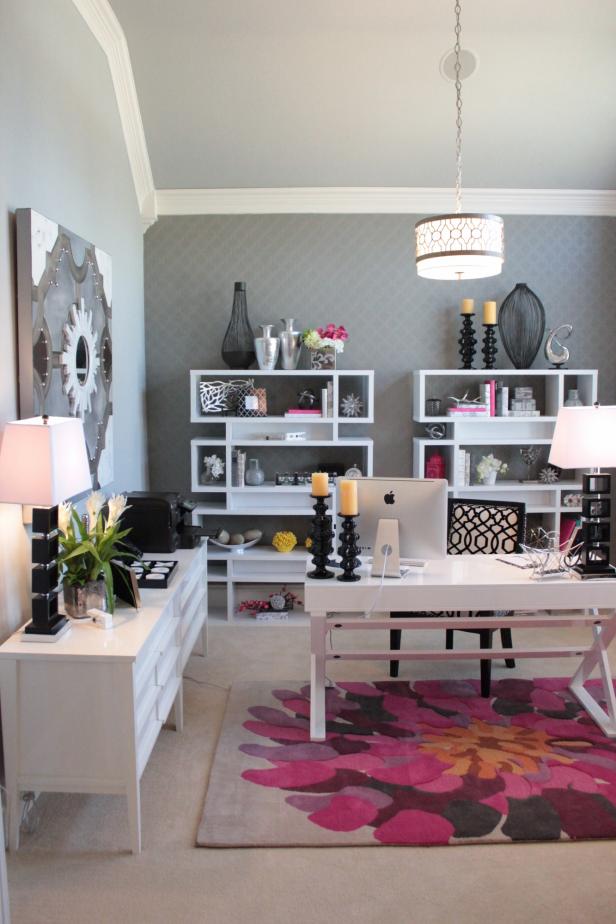 Sophisticated Gray Home Office Features Pops of Pink | HGTV