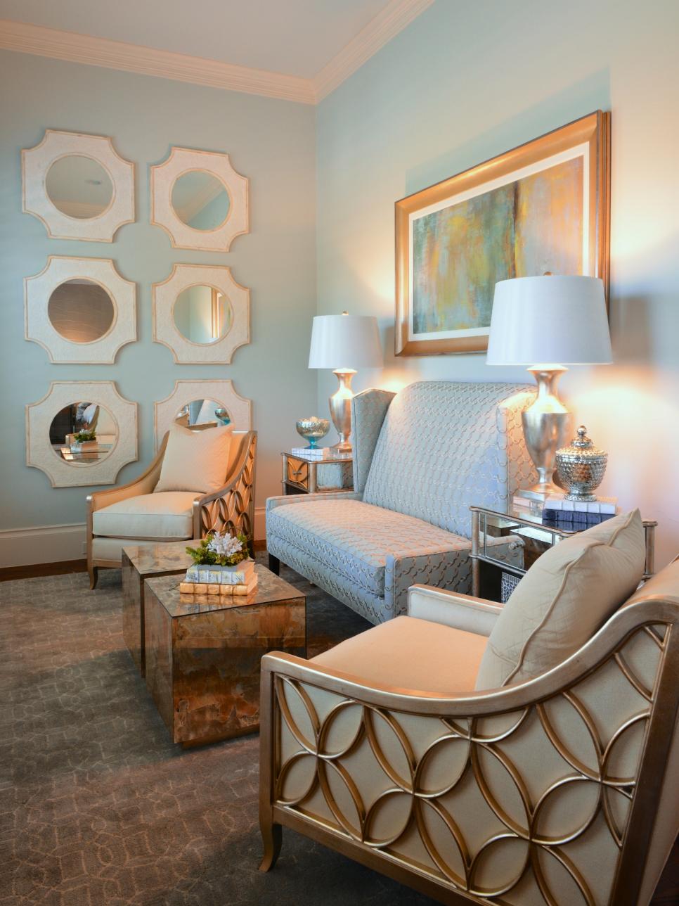 Peaceful Master Bedroom Sitting Area With Pastel Settee | HGTV