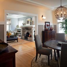 Craftsman Dining & Living Area With Honey Hardwood Floors
