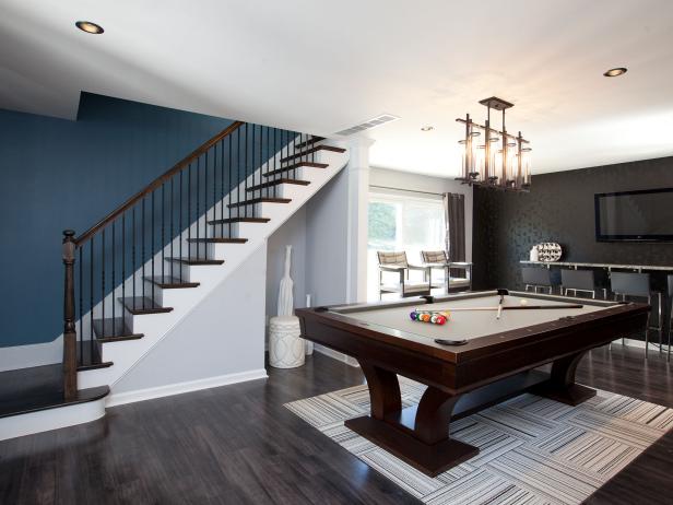 Contemporary Game Room With Dark Wood Pool Table