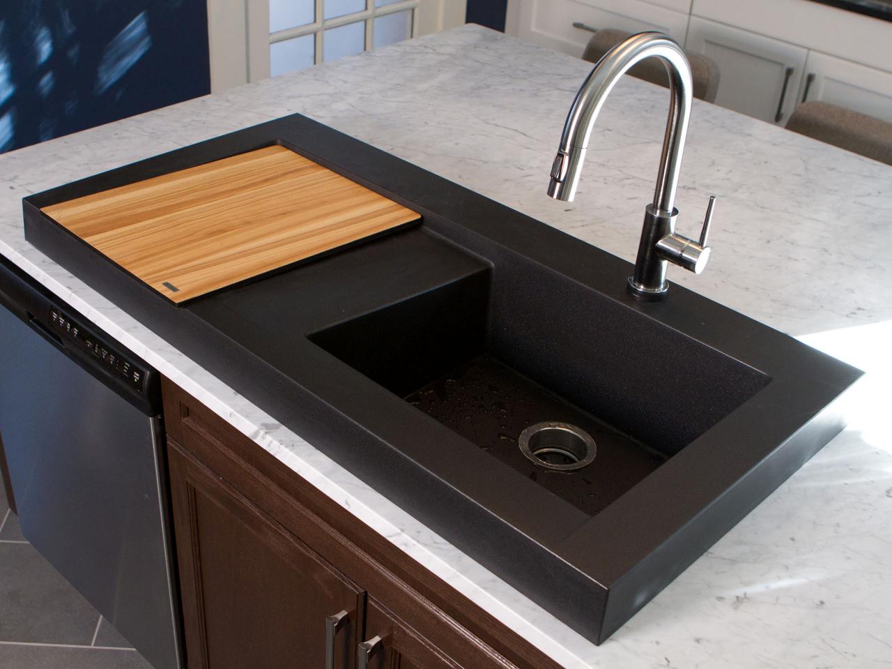 black kitchen sink with white countertop