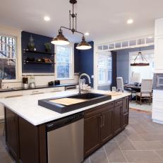 Transitional Kitchen With Blue Walls and Unique Sink